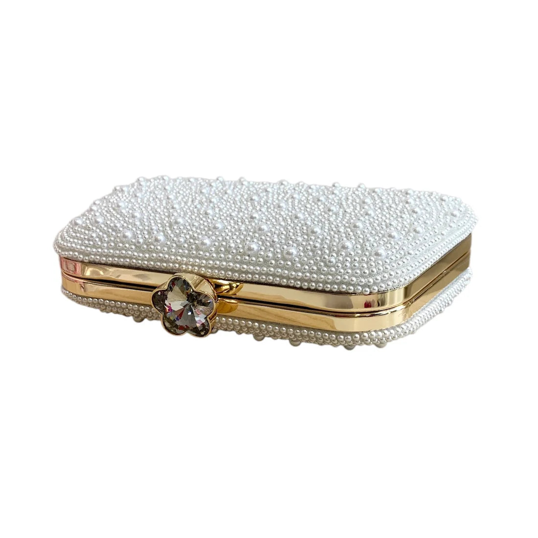 White Pearl Clutch Bag With Gold Frame And Diamante Flower Clasp