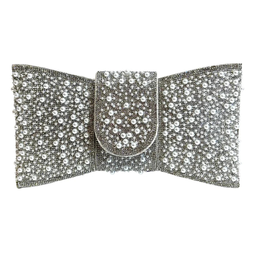 Silver Diamante And Pearl Bow Clutch