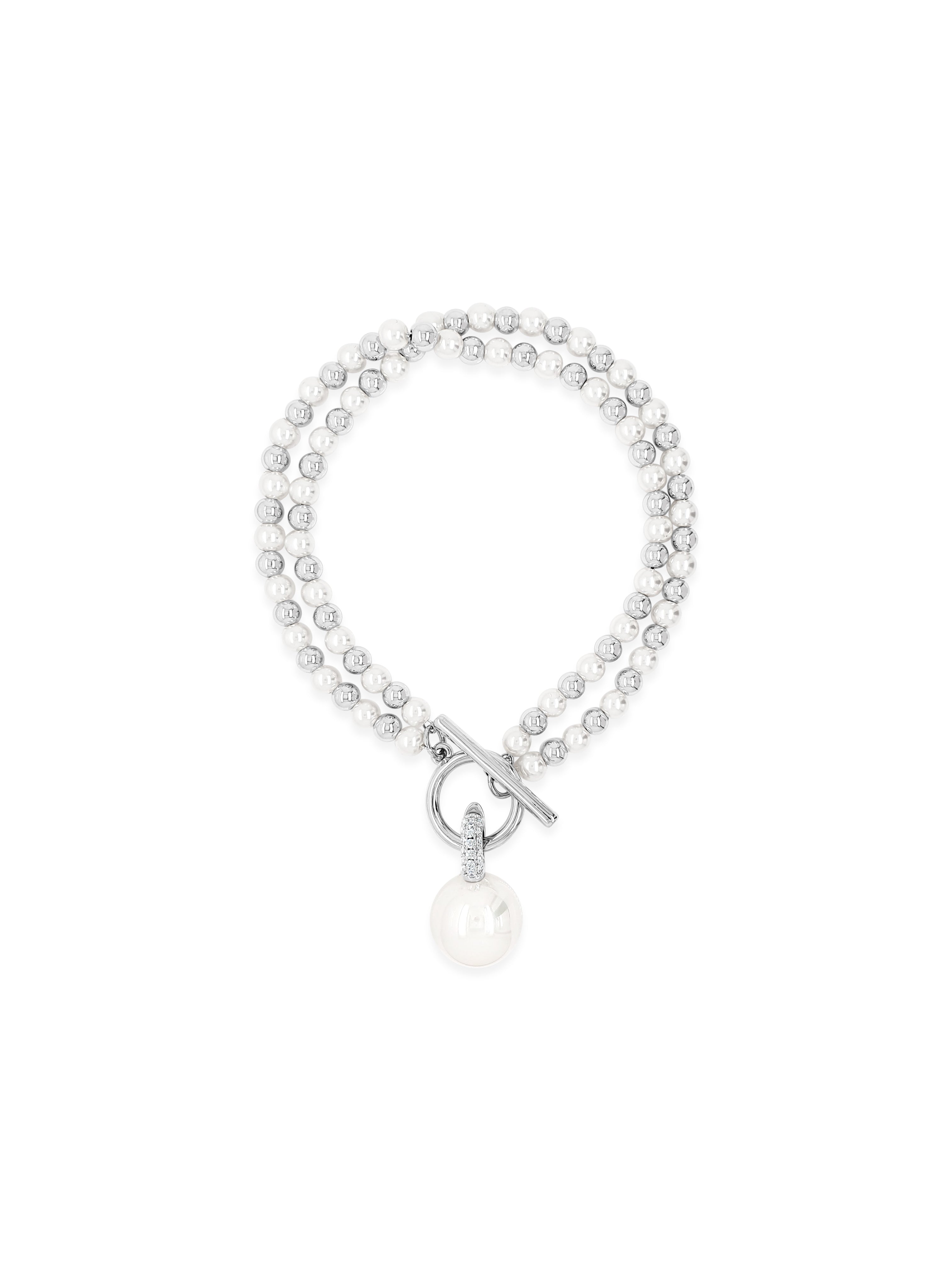 Absolute Silver and Pearl Double Strand Bracelet with T Bar and Pearl Ball