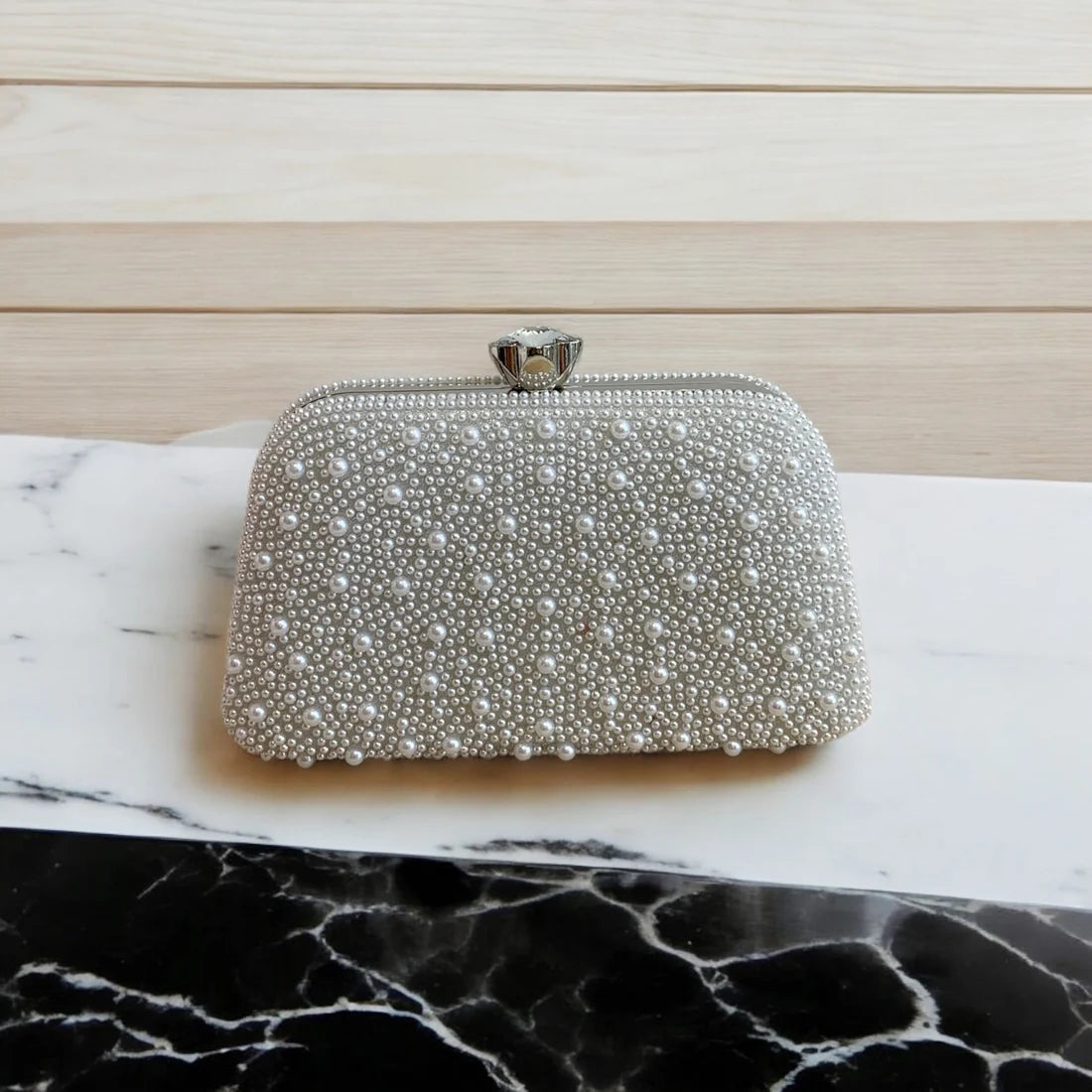White Pearl Clutch Bag With Silver Frame And Diamante Flower Clasp