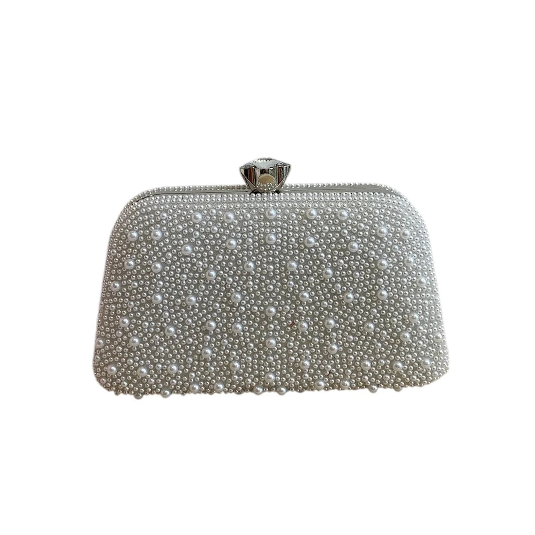 White Pearl Clutch Bag With Silver Frame And Diamante Flower Clasp