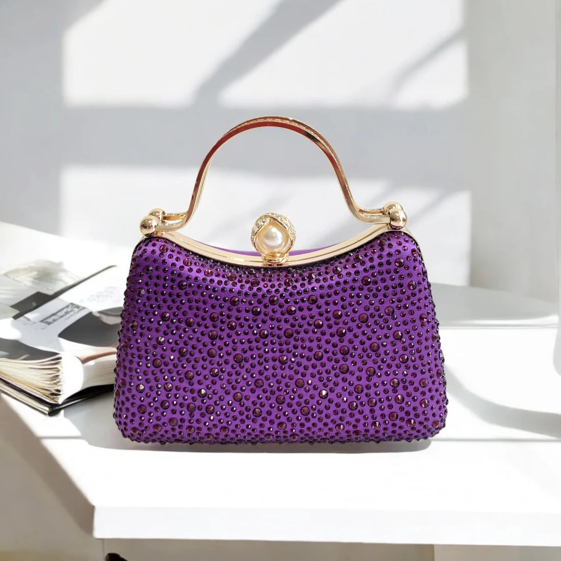 Curved Purple Diamante Dress Bag With Pearl Clasp Closure