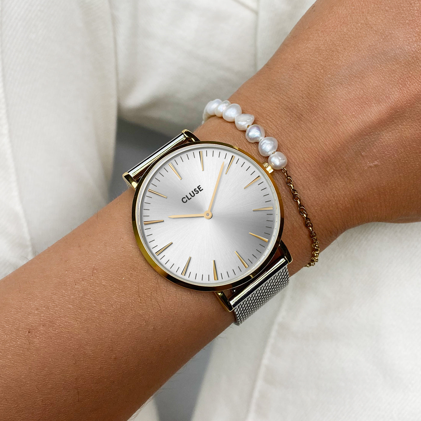 Cluse Gift Box Boho Chic Watch Mesh Bicolour and Chain Pearl Bracelet Gold Colour