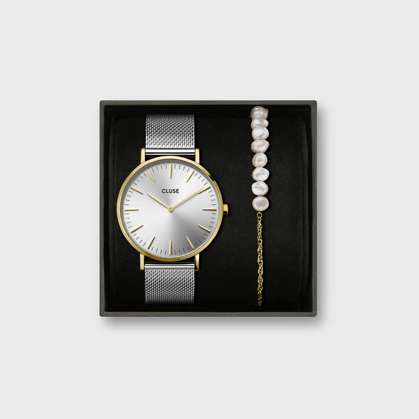Cluse Gift Box Boho Chic Watch Mesh Bicolour and Chain Pearl Bracelet Gold Colour