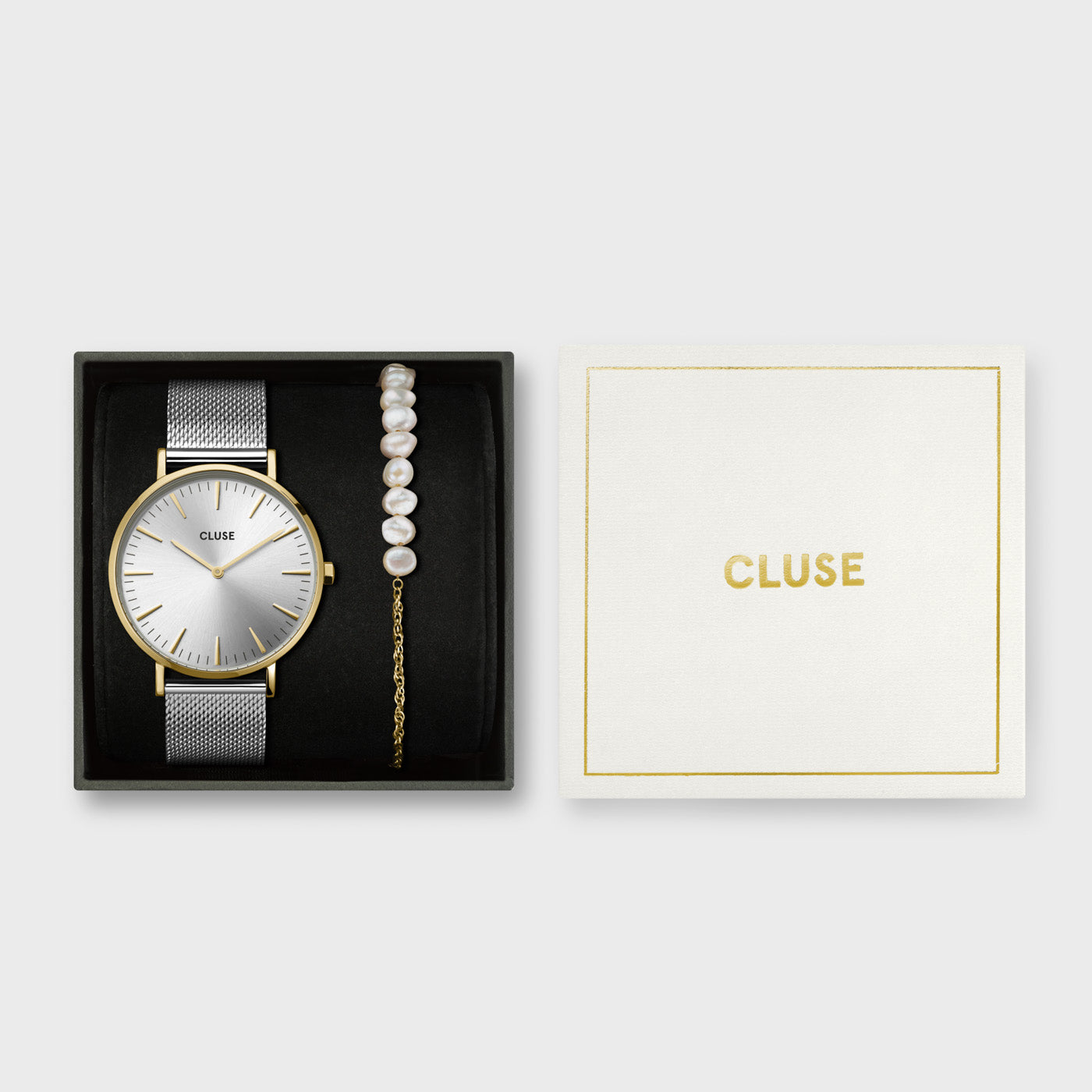 Cluse Gift Box Boho Chic Watch Mesh Bicolour and Chain Pearl Bracelet Gold Colour