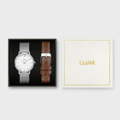 Cluse Giftbox Minuit Mesh Silver Colour & Brown Leather Strap