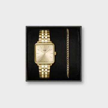 Cluse Gift Box La Tétragone Watch Steel & Curb Chain Bracelet, Gold Colour