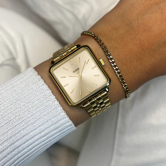 Cluse Gift Box La Tétragone Watch Steel & Curb Chain Bracelet, Gold Colour