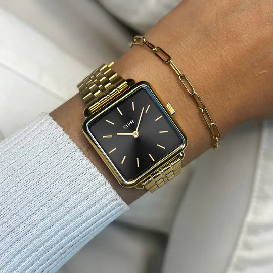 Cluse Gift Box La Tétragone Watch Steel, Black & Paperclip Chain Bracelet, Gold Colour