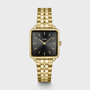 Cluse Gift Box La Tétragone Watch Steel, Black & Paperclip Chain Bracelet, Gold Colour