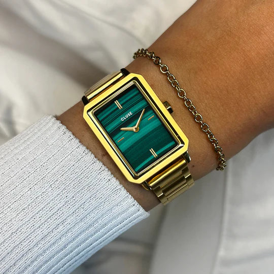 Cluse Gift Box Fluette Watch Steel, Green & Round Chain Bracelet, Gold Colour