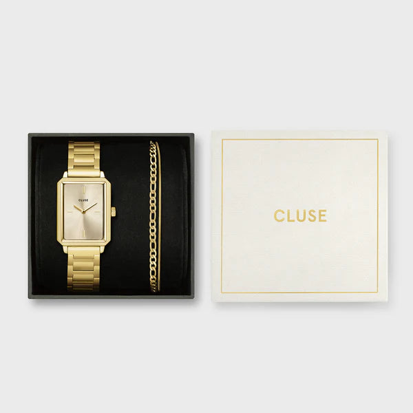 Cluse Gift Box Fluette Watch Steel & Double Chain Bracelet, Full Gold Colour