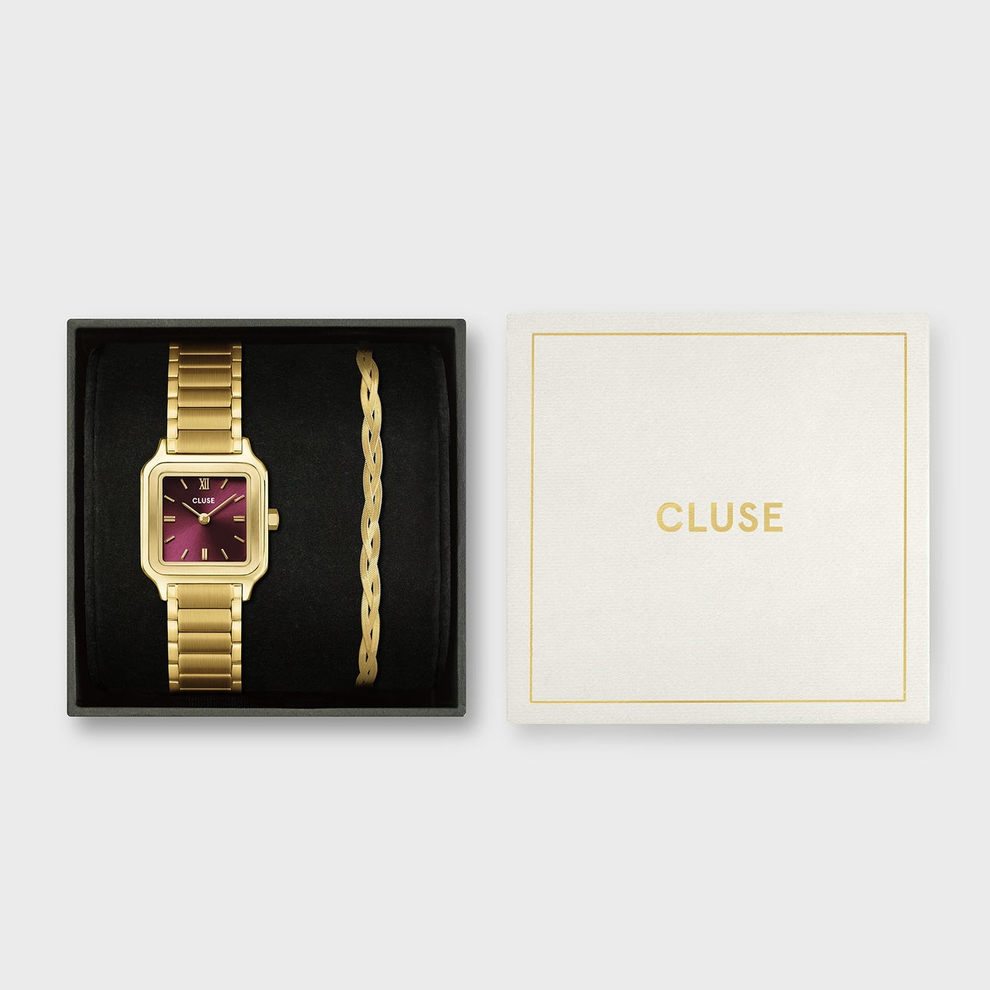 Cluse Gift Box Gracieuse Petite Watch Steel, Dark Cherry & Braided Snake Bracelet, Gold Colour