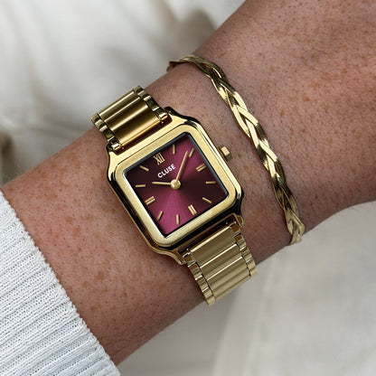 Cluse Gift Box Gracieuse Petite Watch Steel, Dark Cherry & Braided Snake Bracelet, Gold Colour