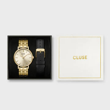 Cluse Gift Box Pavane Petite 2.0 Watch Steel, Gold Colour & Black Leather Strap