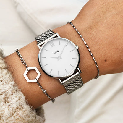 Cluse Giftbox Minuit Mesh Silver Colour & Brown Leather Strap