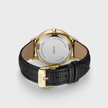 Cluse Minuit Multifunction Watch Leather, Black Lizard, Gold Colour