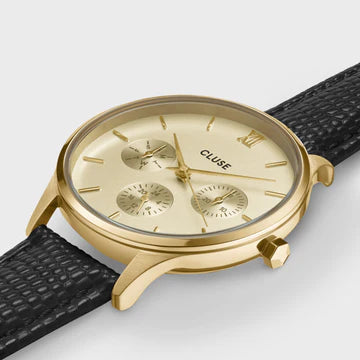 Cluse Minuit Multifunction Watch Leather, Black Lizard, Gold Colour