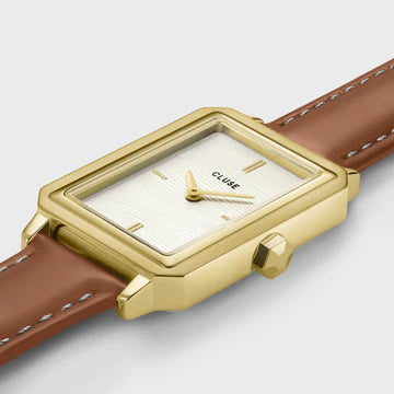 Cluse Fluette Watch Leather Nutshell, Sand Texture White, Gold Colour CW11515