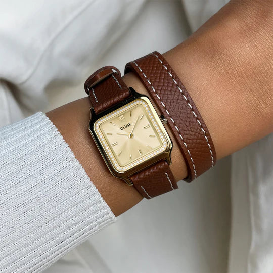 Cluse Gracieuse Petite Watch Double Leather, White stones, Nutshell, Full Gold Colour