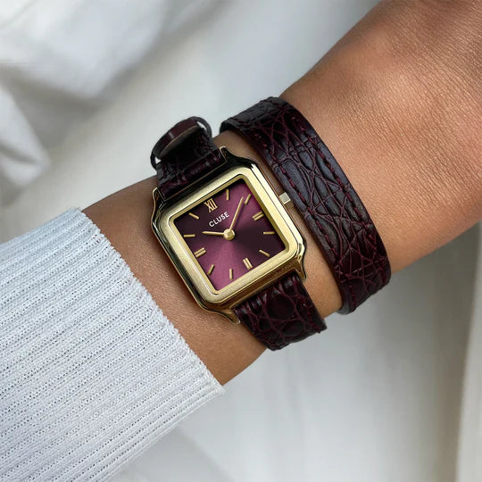 Cluse Gracieuse Petite Watch Double Crocodile Leather, Wine, Gold Colour