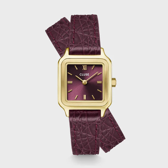 Cluse Gracieuse Petite Watch Double Crocodile Leather, Wine, Gold Colour