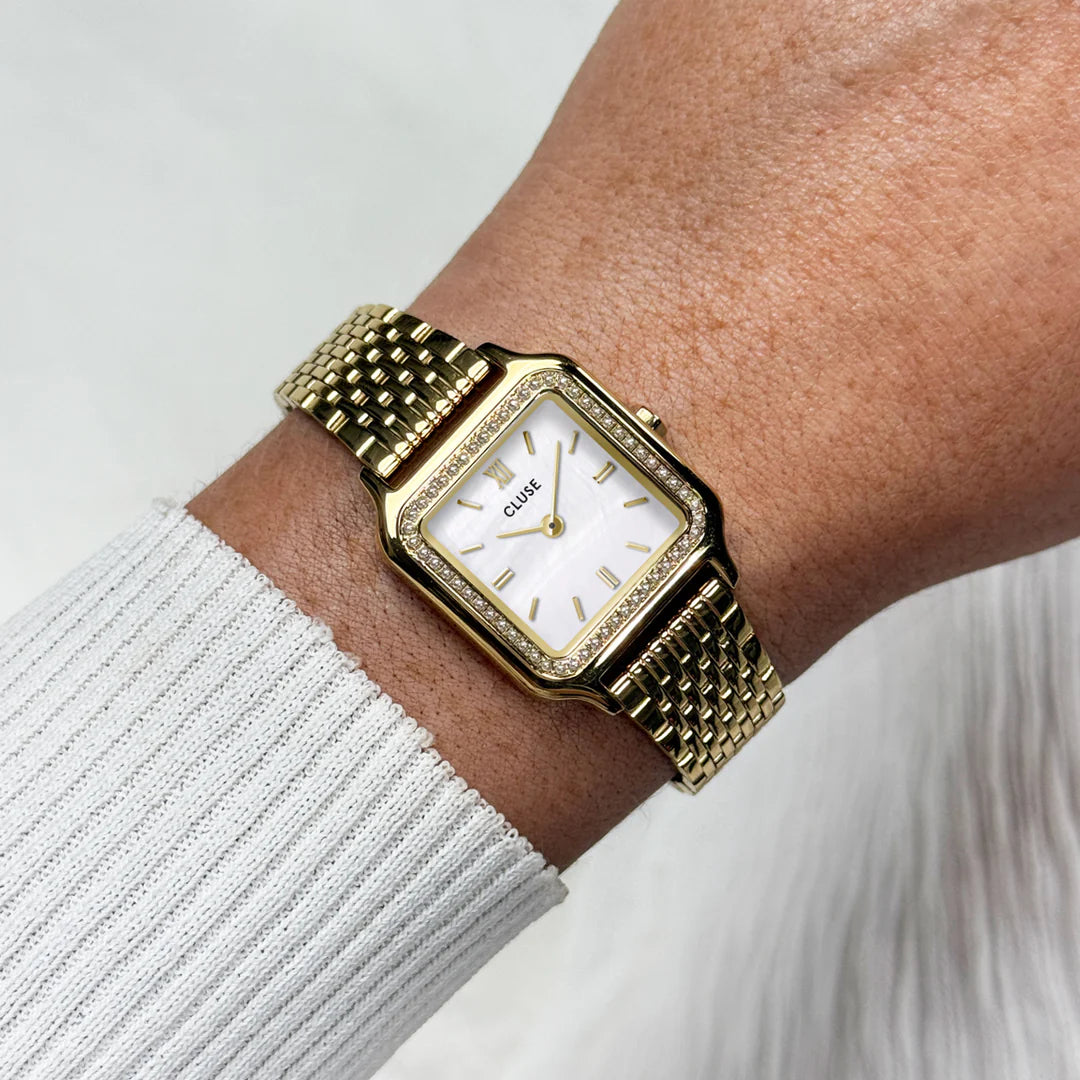 Gracieuse Petite Watch Steel, Glass Pearls, White, Gold Colour
