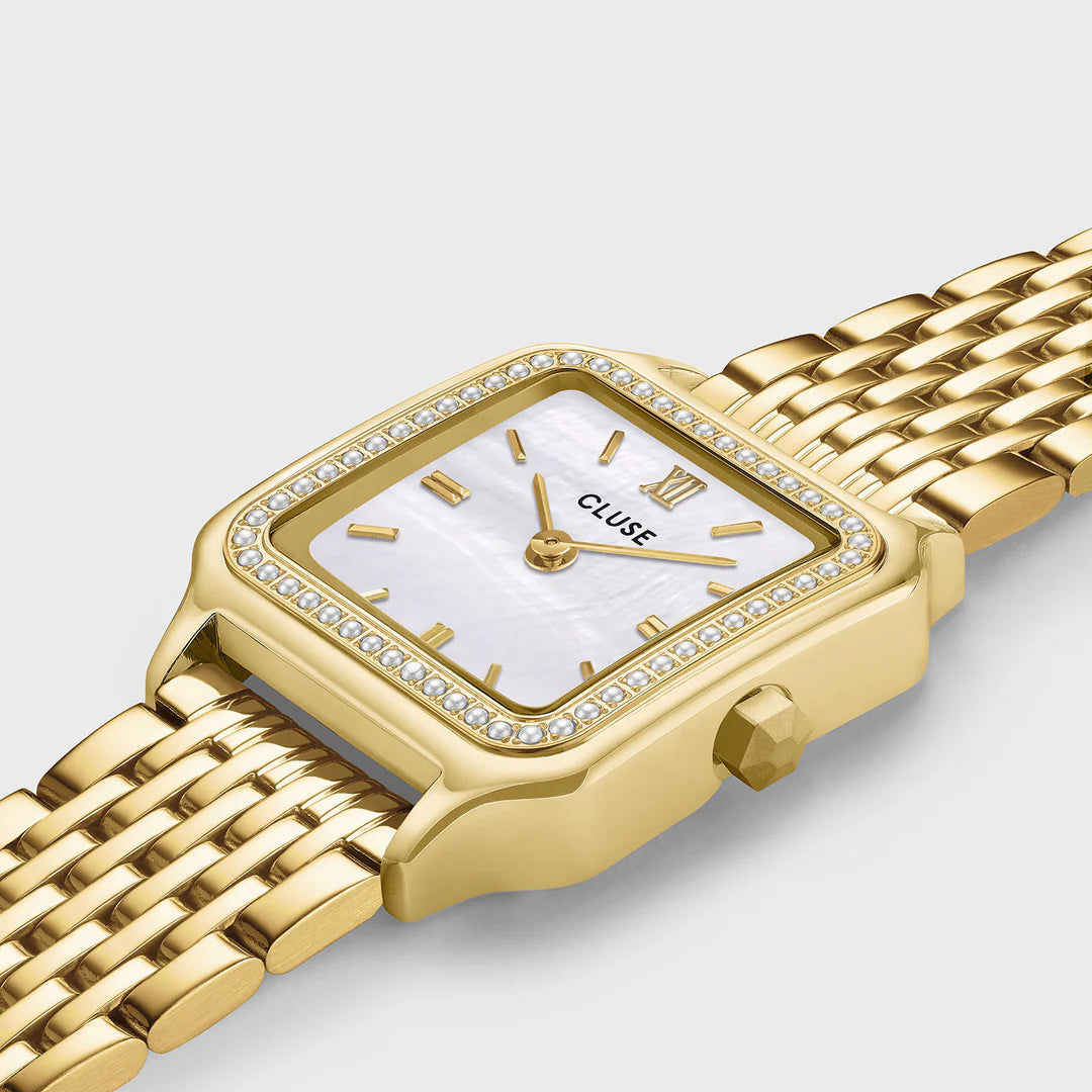 Gracieuse Petite Watch Steel, Glass Pearls, White, Gold Colour