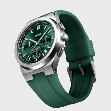 Cluse Vigoureux Chrono Watch Silicone Green, Silver Colour