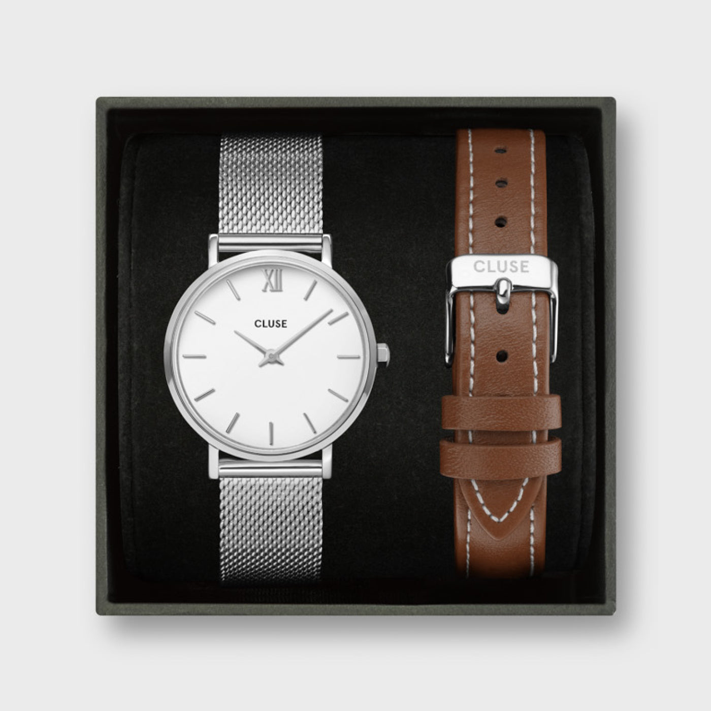 Cluse Giftbox Minuit Mesh Silver Colour & Brown Leather Strap