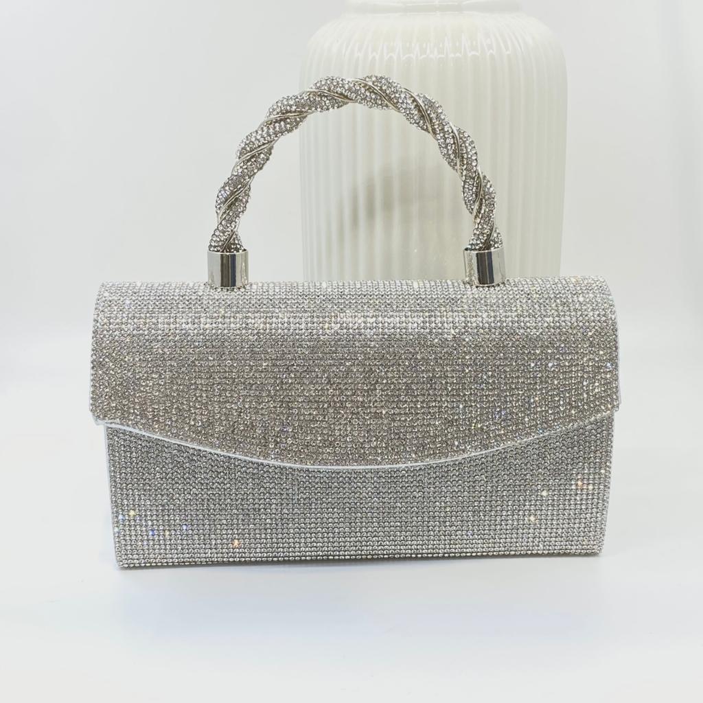 Silver Clutch Dress Bag With Rope Handle
