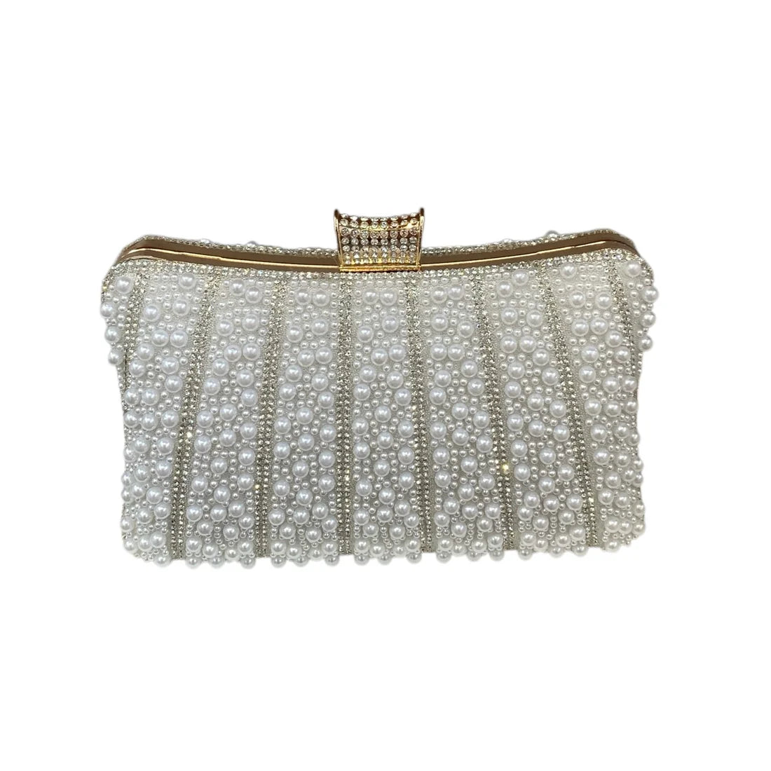 White Pearl Clutch Bag With Gold Frame And Diamante Clasp.