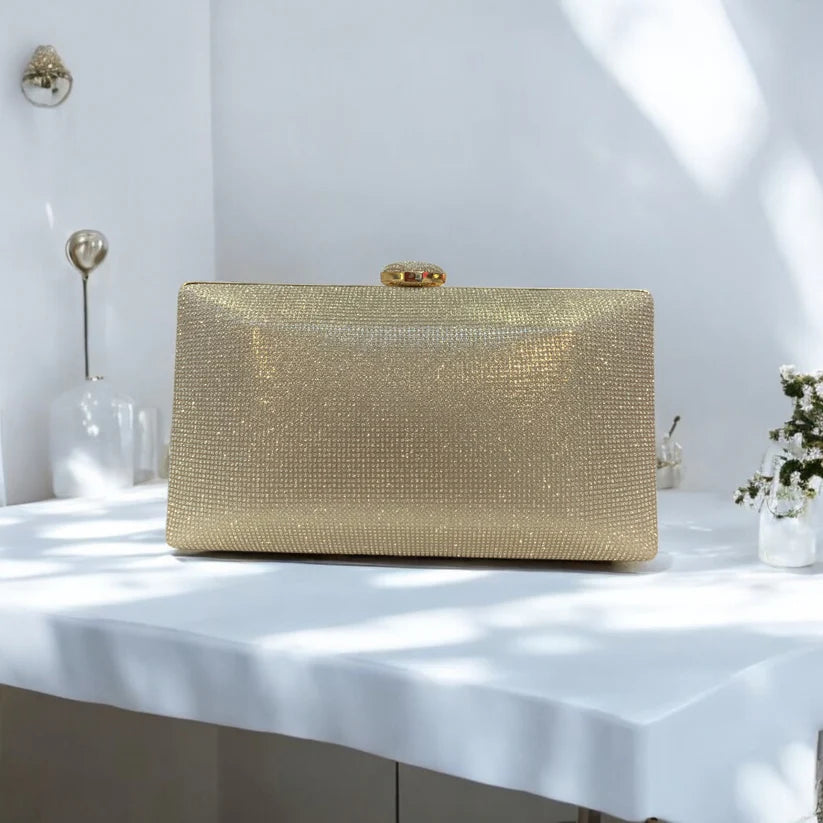 Gold Clutch With Large Diamante Button Clasp Closure