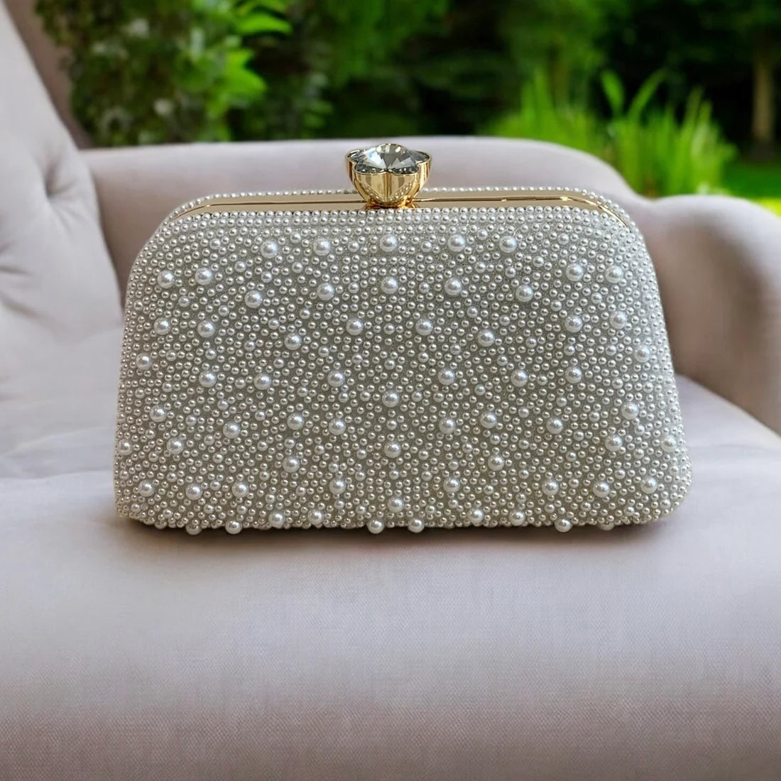 White Pearl Clutch Bag With Gold Frame And Diamante Flower Clasp