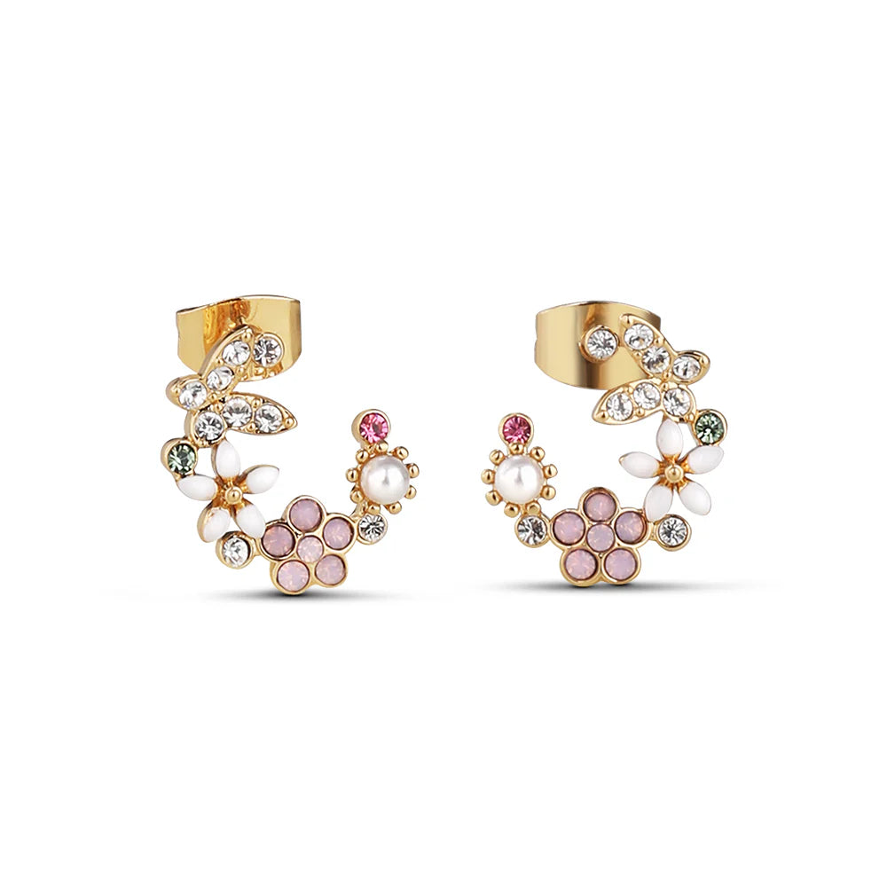 Gold Plated Pink & Green Floral Butterfly Earrings