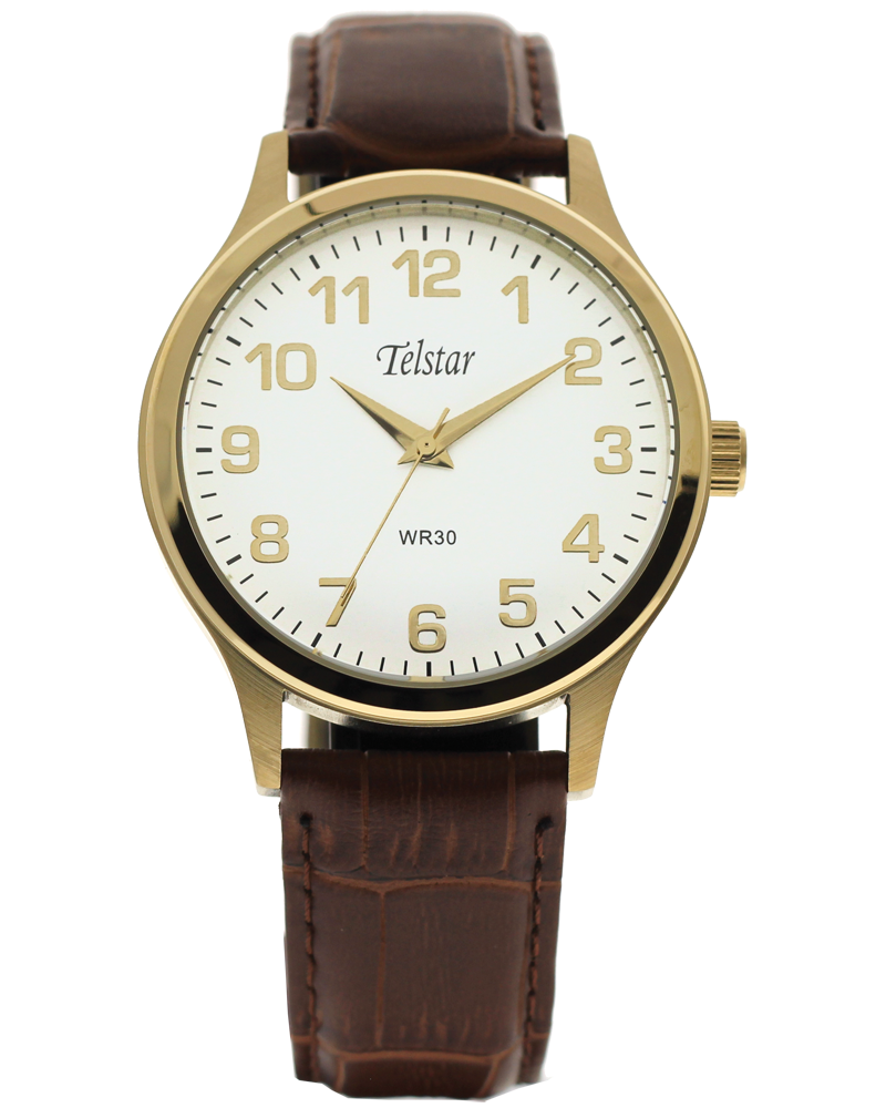 Telstar Classic Men's Gold Watch Brown Strap White Dial