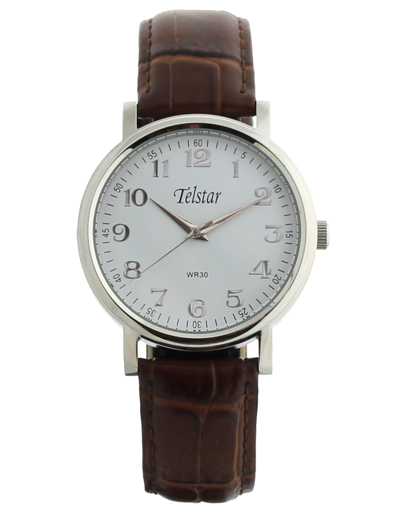 Telstar Classic Men's Silver Watch Brown Strap White Dial