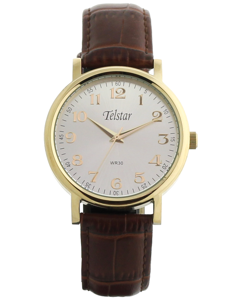 Telstar Classic Men's Gold Watch Brown Strap Silver Dial