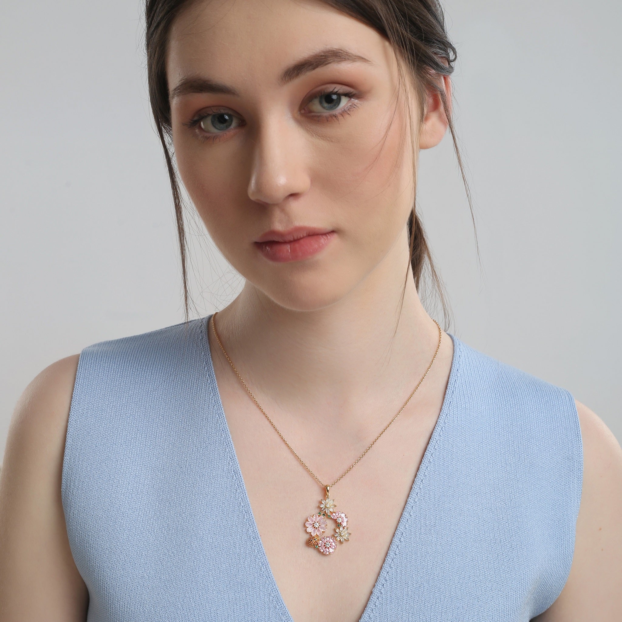 Newbridge Gold Plated Pink & Green Floral Pendant
