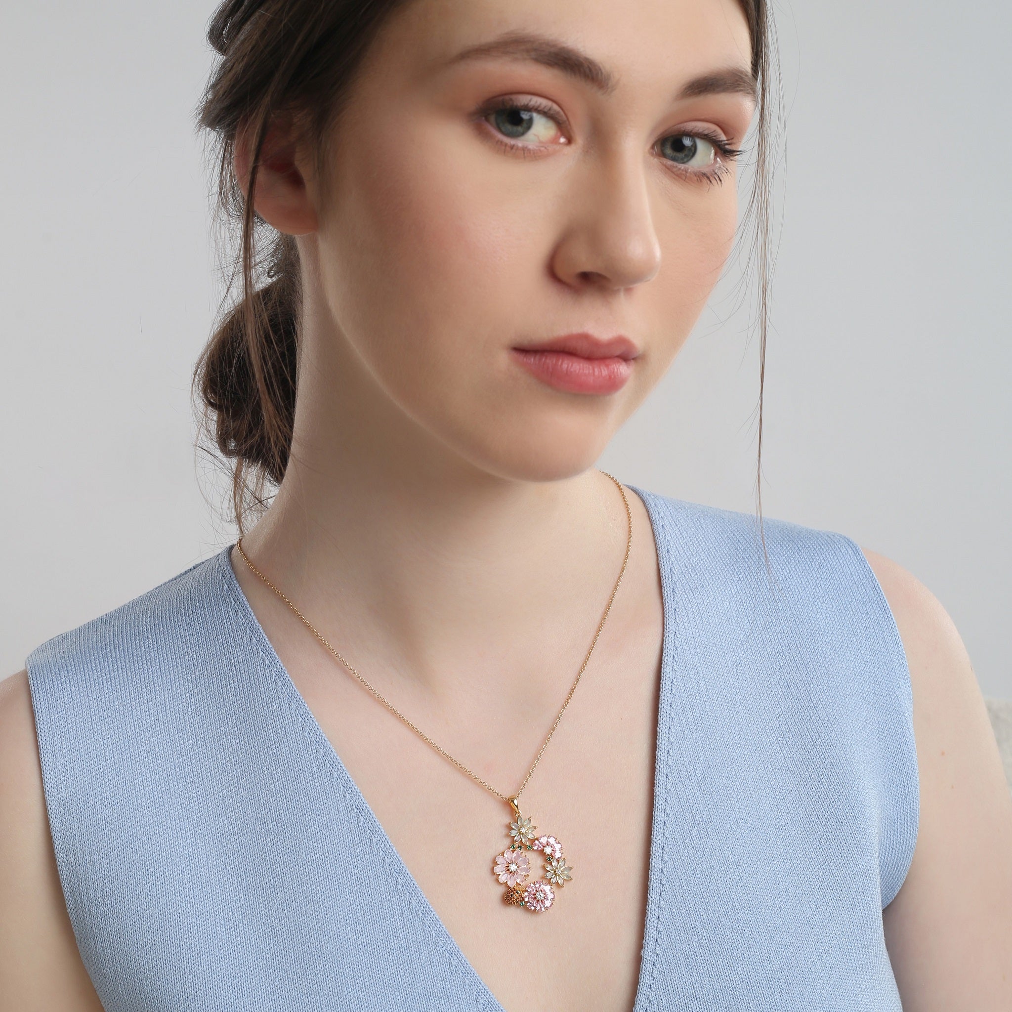 Newbridge Gold Plated Pink & Green Floral Pendant