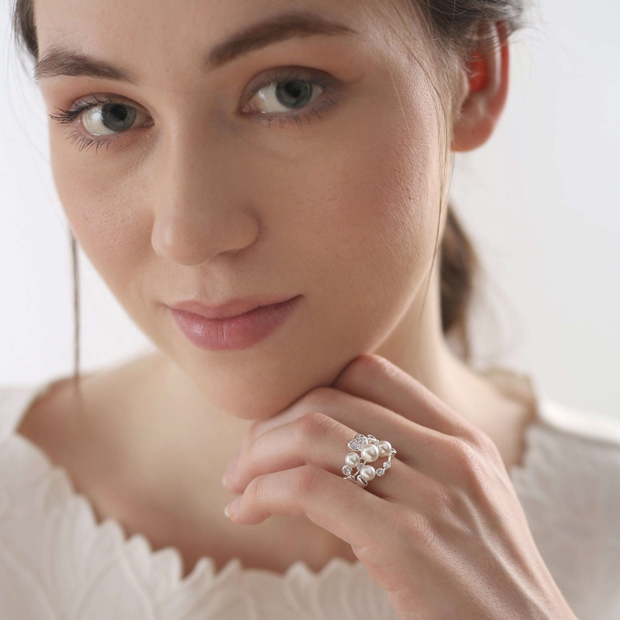 Newbridge Silver Plated Pearl Ring with Clear Stones