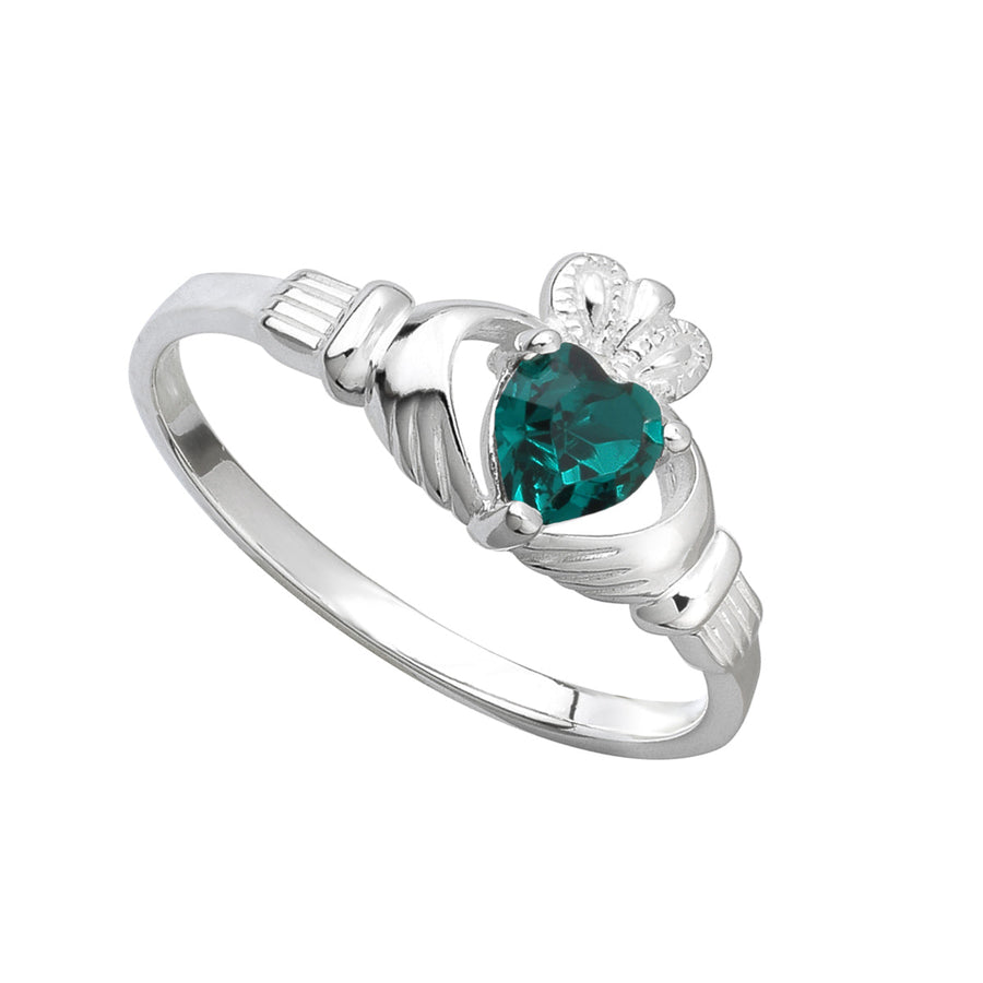 Sterling Silver Green Crystal Claddagh Ring Size 6