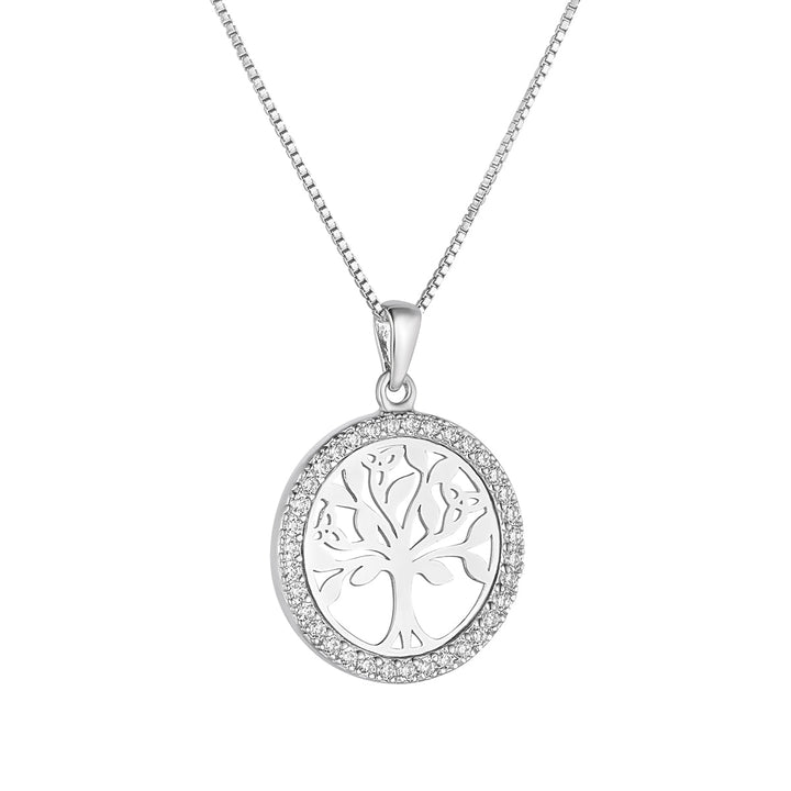 Sterling Silver Cz Round Tree Of Life Necklace