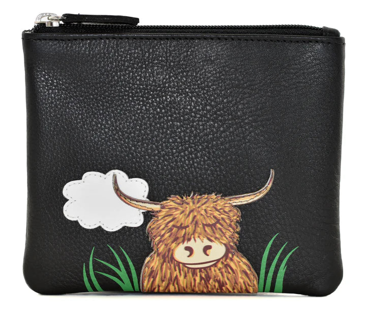 Bella Black Leather Highland Cow Coin Purse RFID