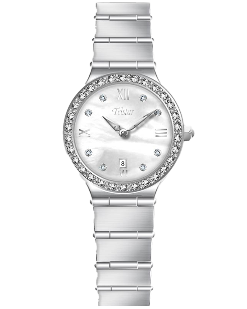 Telstar Krakow Ladies Silver Tone Watch With Crystal Bexel And Mother Of Pearl Dial