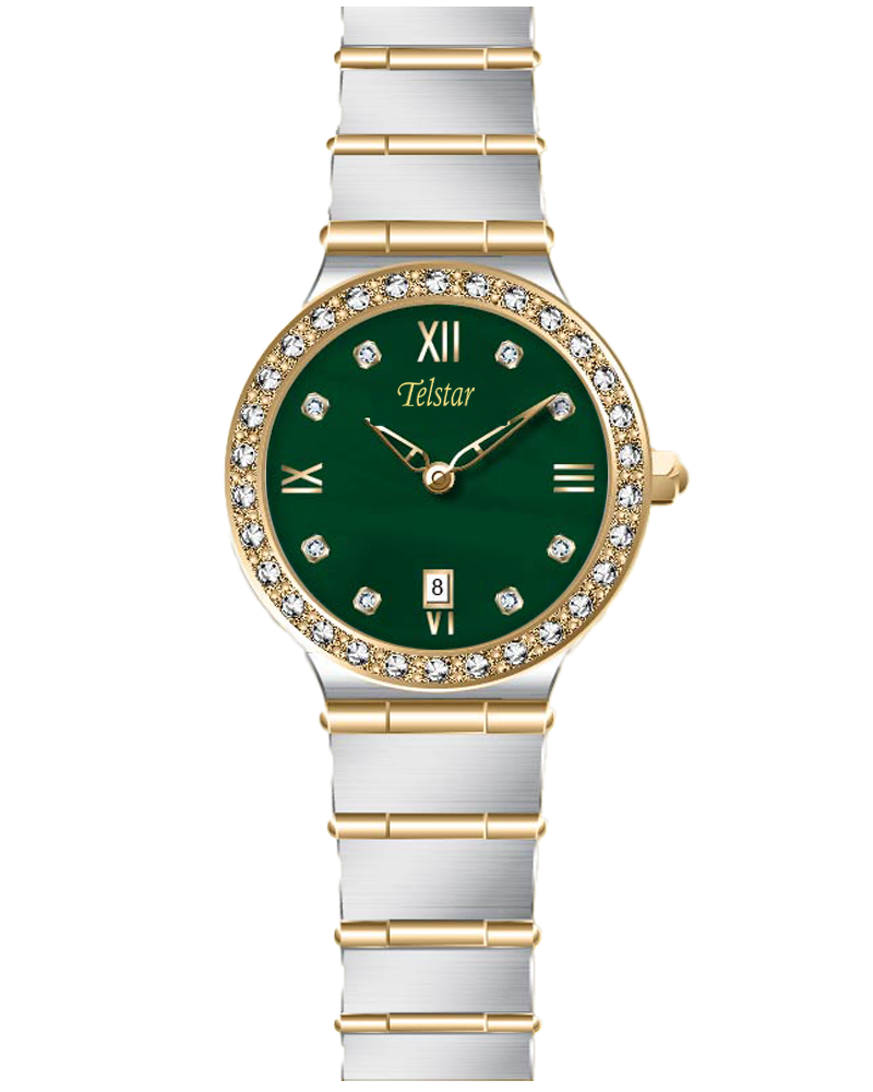 Telstar Krakow Ladies 2 Tone Watch With Crystal Bezel And Green Mother Of Pearl Dial