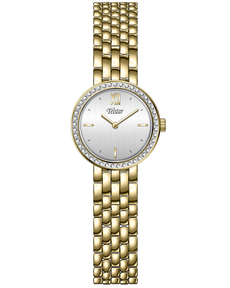 Telstar Paris Ladies Gold Tone Watch With Crystal Bezel Silver Dial