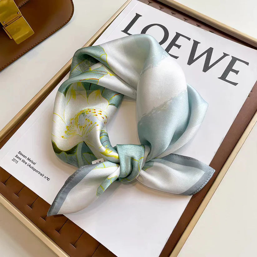 Floral Green, white and Yellow Silk Neck Scarf