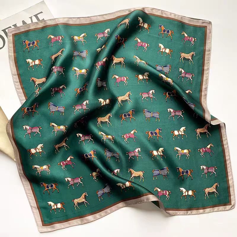 Green Multi Coloured Mini Horses Silk Scarf