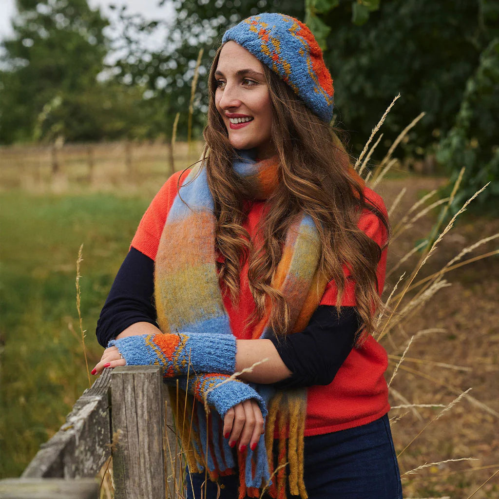 Yasmin Check Tassel Scarf Sky Blue And Orange